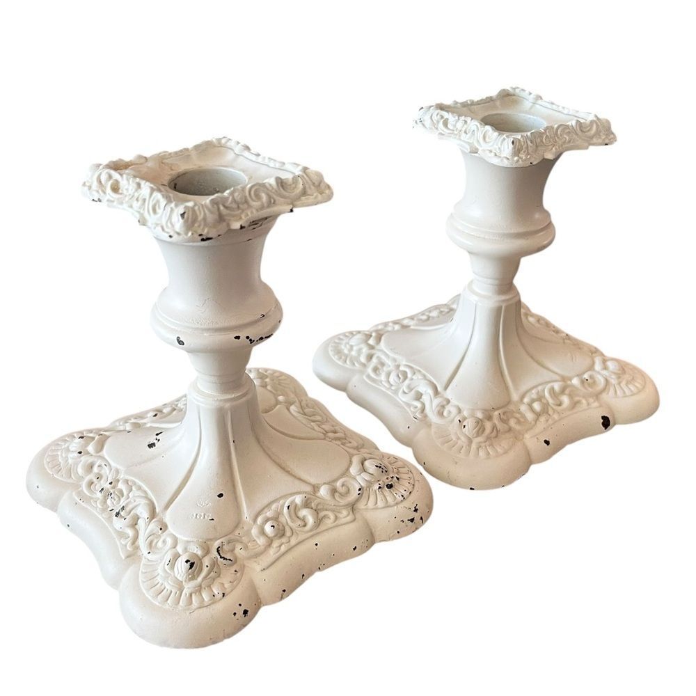 Pair of Ornate Painted Metal Candlestick Holders